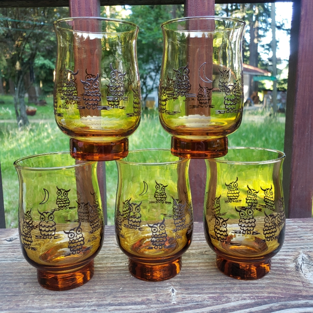 (Set of 5) Vintage Libbey and M. Dia Designed Owl and Moon Glasses - Amber Glass